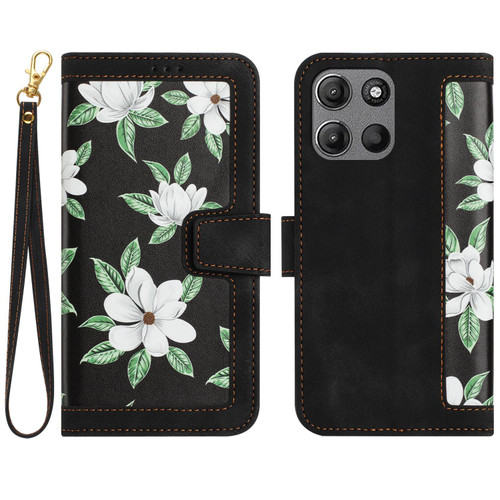 Moto G 2025 Floral Pattern Leather Phone Case with Lanyard - Black